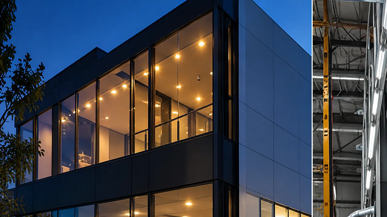Edificio comercial iluminado al anochecer